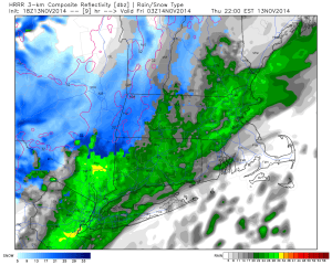 Rain starts to break out across the state. This model may be a bit overdone on the rain, but you can also see hill-towns already starting as snow or transitioning to snow fairly quickly.