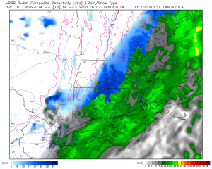 Midnight to 2AM we will see more places transition to snow.  I also want to draw your attention to a burst of heavier snow in the Worcester Hills.  This heavier burst will likely extend into the northeast hills over the next couple of hours.