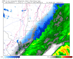 By 4 AM, the back edge of the precip will start to enter the western part of the state. Still snowing, moderate with a burst east/northeast CT.  The 395 corridor will likely go from rain to slush as you work from southern parts of the state north (quickly). This area has the best chance at seeing 1-3" of snow