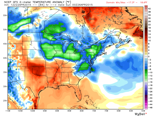 This graphic shows Saturday's below avg temps, but this is a common map we'll see through early to mid May. 